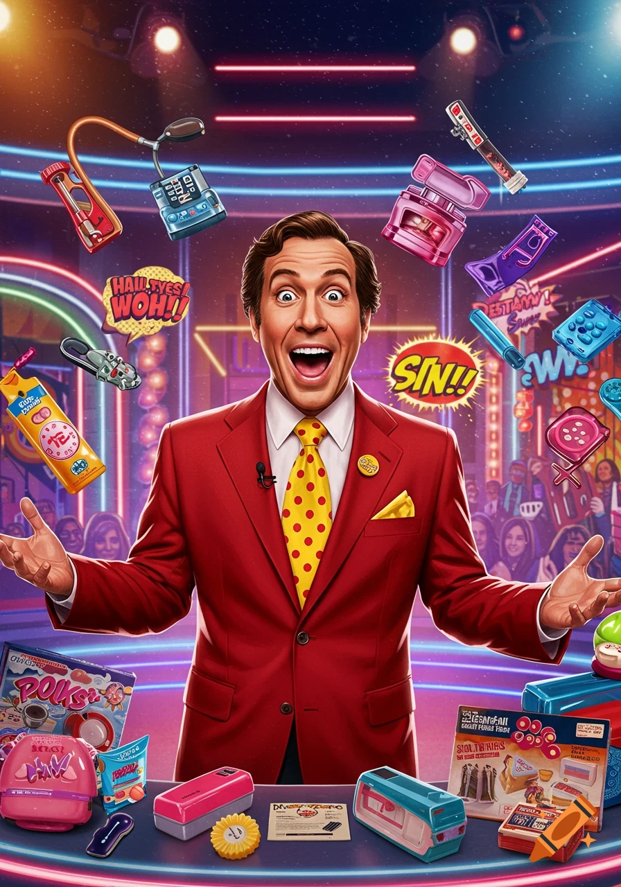 A hyperactive TV shop salesman with an open mouth and outstretched hands, wearing a red suit and polka dot tie, surrounded by floating and shelf-displayed household products on a brightly lit stage.