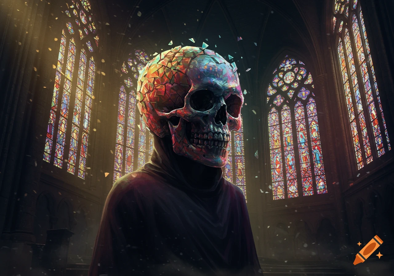 A colorful stained glass skull figure with shards breaking away, standing in a dark gothic cathedral with radiant stained glass windows.