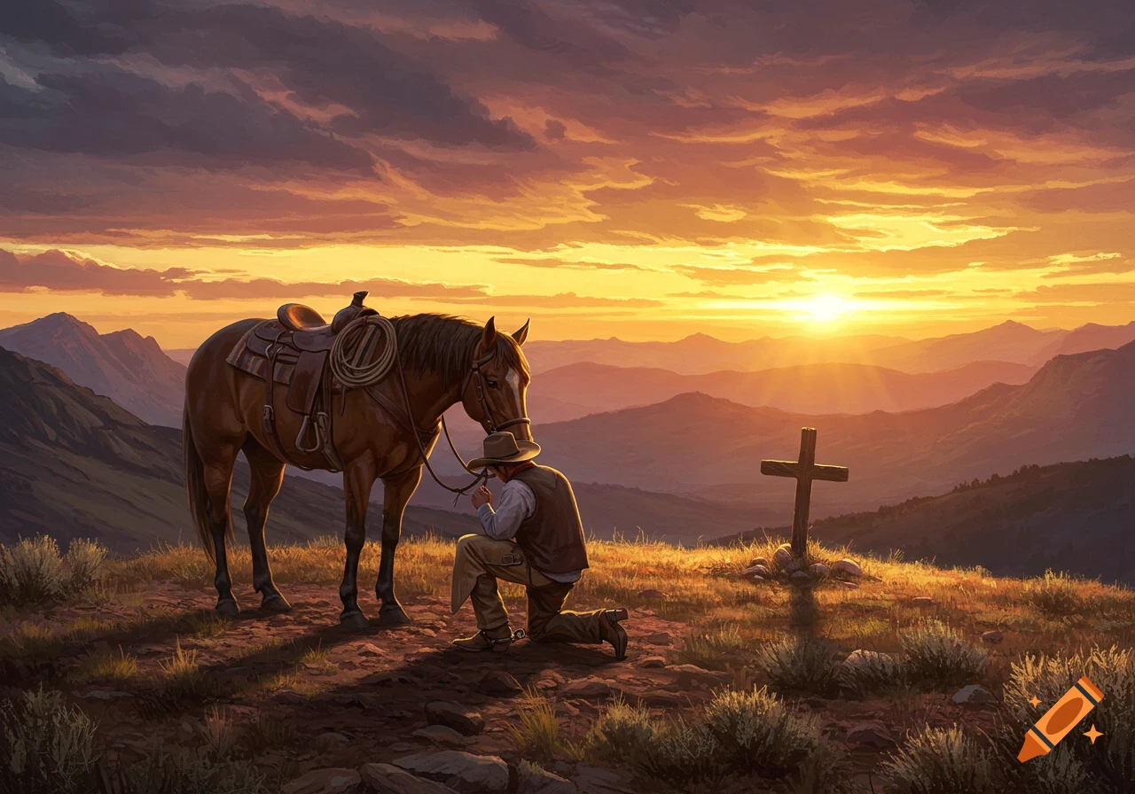 A cowboy kneels in prayer next to his saddled horse with a cross, overlooking a mountainous landscape at sunset, painterly style.