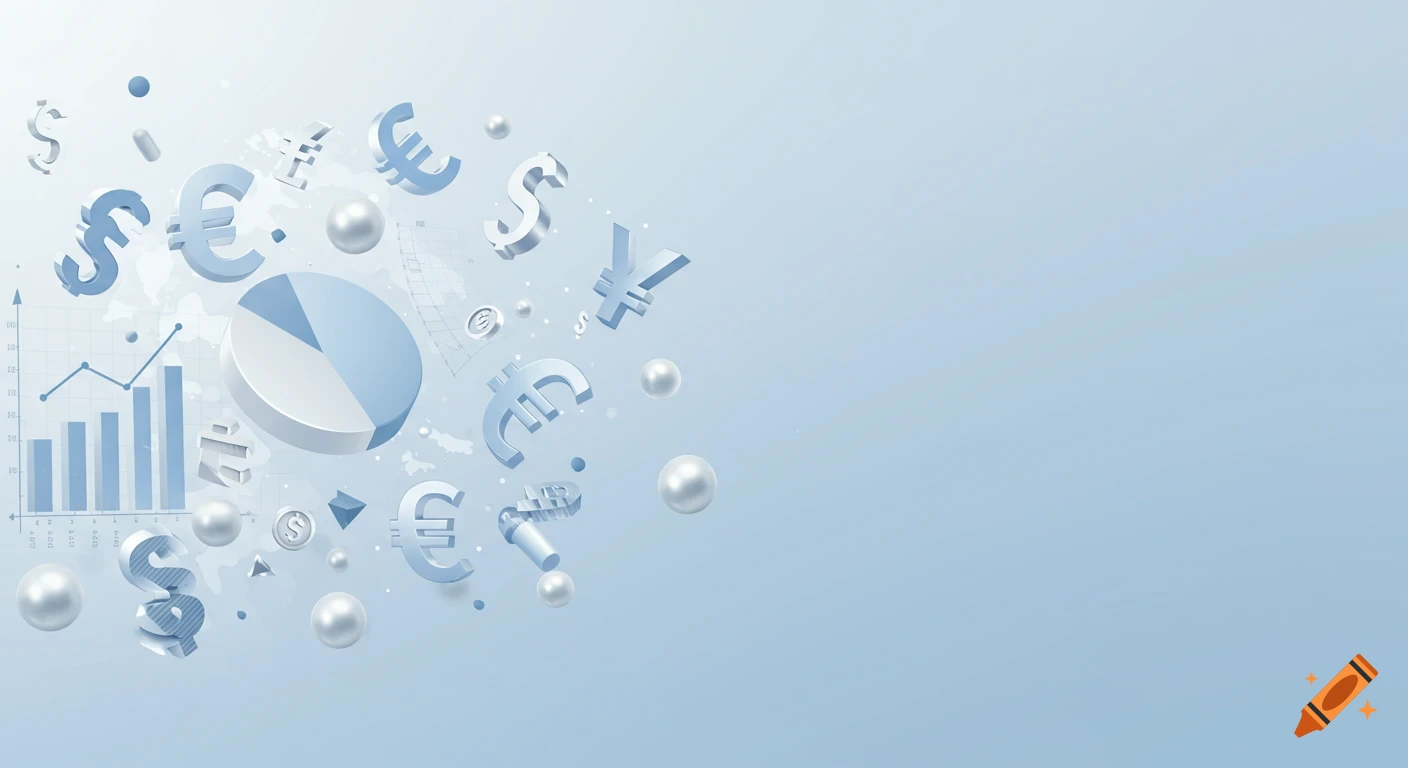 3D render of various currency symbols, charts (bar, pie, line), and spheres floating against a light blue background. The style is clean and modern.