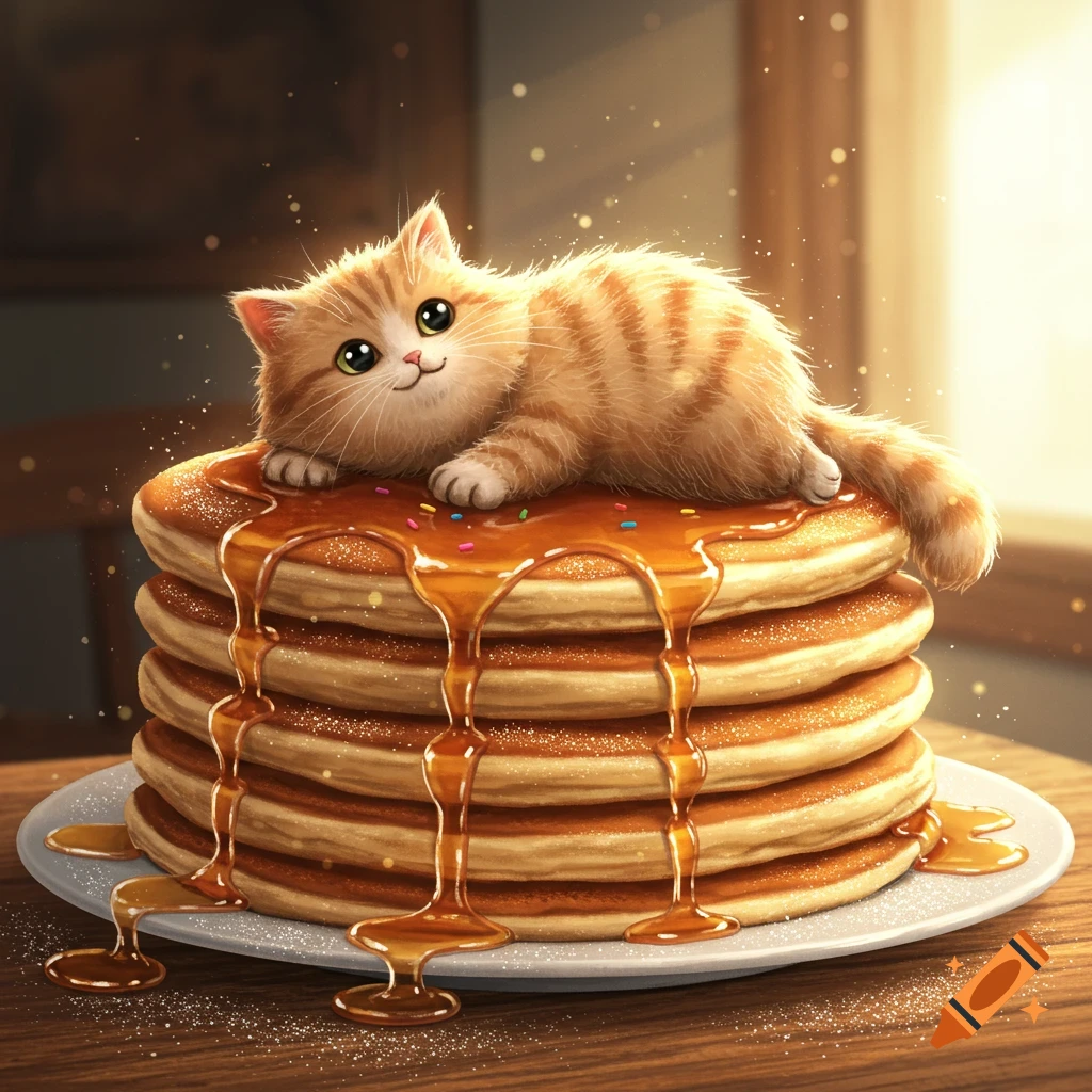 A fluffy orange tabby kitten rests on a tall stack of golden pancakes drizzled with syrup and sprinkles in a warm, illustrative style.