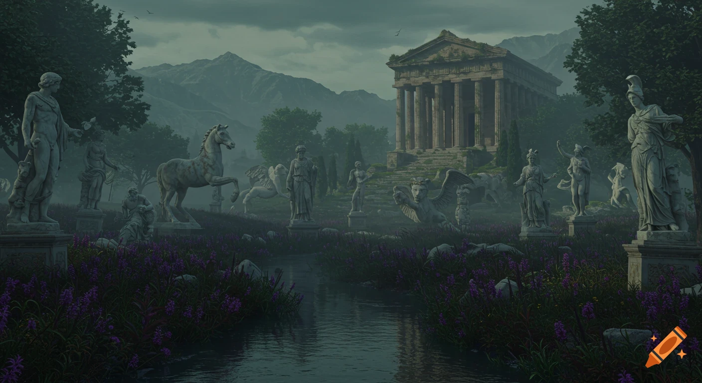 A dark, atmospheric landscape with ancient Greek statues and a temple ruins, a winding river, and purple wildflowers under a cloudy sky.