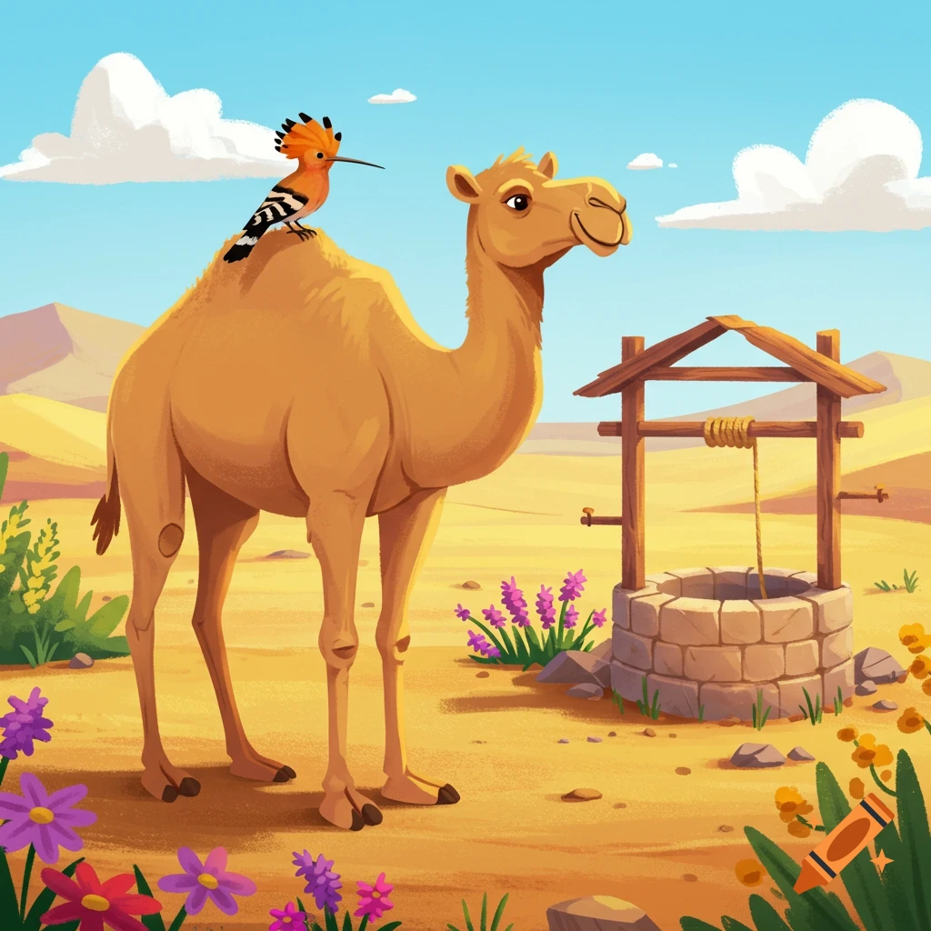 A cartoon camel with a hoopoe bird on its hump stands in a colorful desert next to a stone well with flowers.