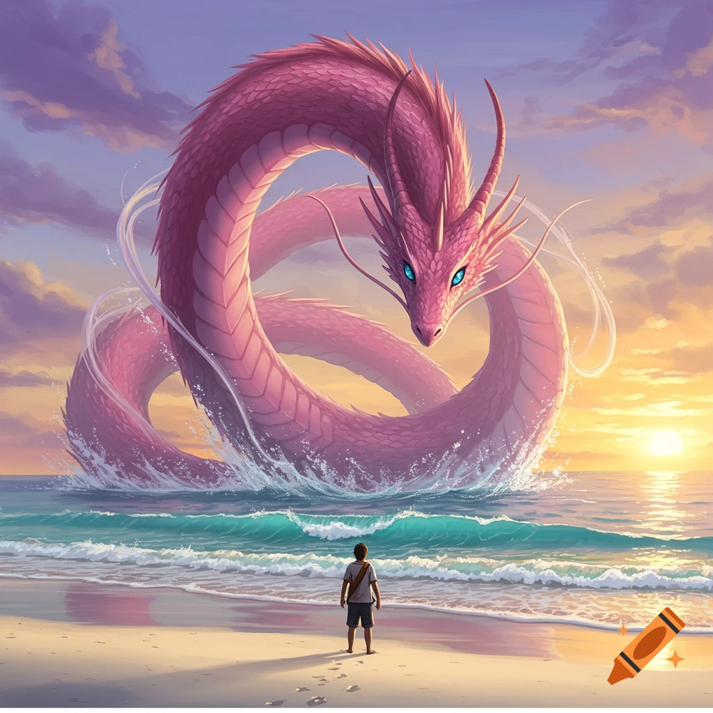 A person stands on a beach, looking at a giant pink sea dragon with bright blue eyes emerging from the ocean at sunset.