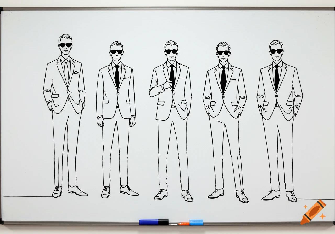 Five stylized line art drawings of men in suits and sunglasses on a whiteboard.