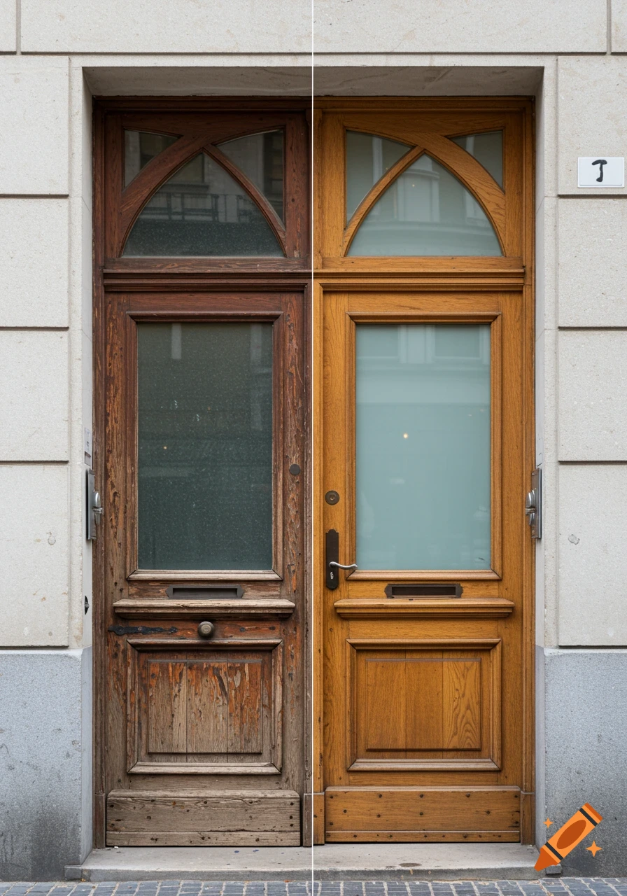 Photorealistic split image of a traditional wooden door: left side aged and weathered, right side newly restored.
