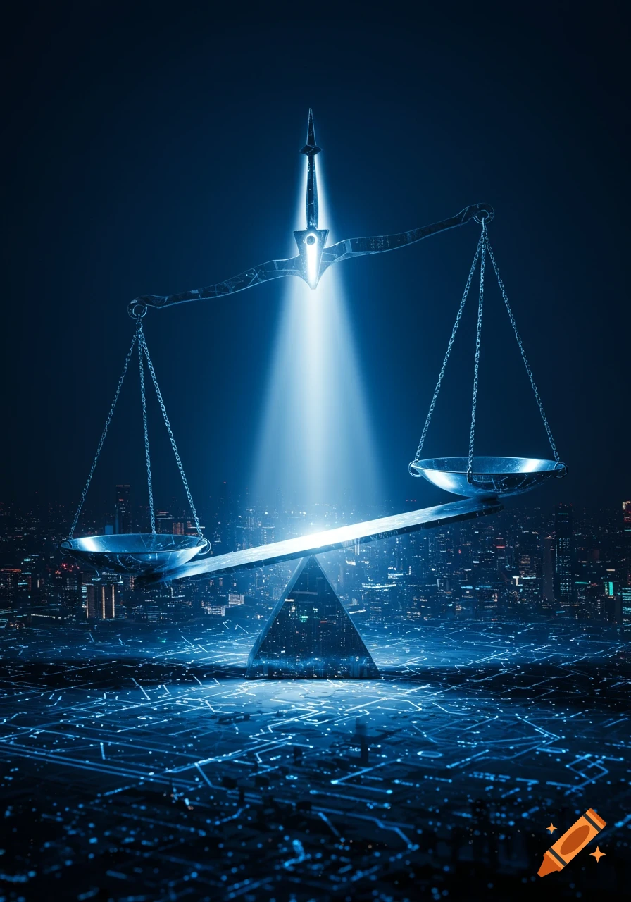 A glowing futuristic scale of justice balances over a dark city grid with blue circuit board patterns.