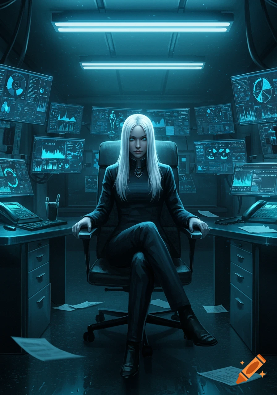 A pale woman with long white hair sits confidently in a dark, neon-blue lit control room surrounded by glowing computer monitors showing data. Digital art.