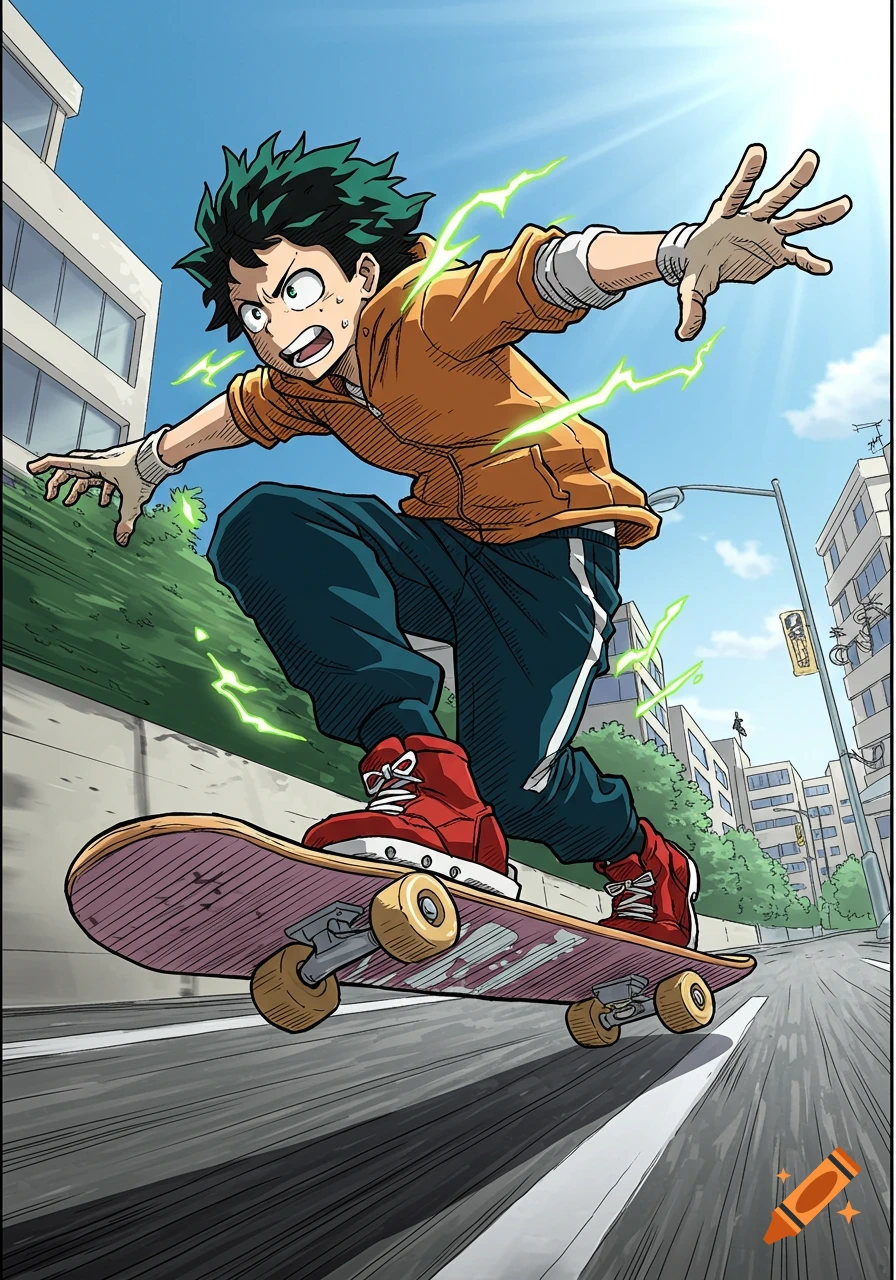 Deku from My Hero Academia skateboarding down a city street in a dynamic anime style.