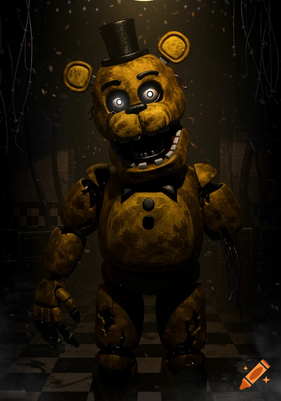 A creepy, dilapidated golden Freddy Fazbear animatronic with glowing white eyes and exposed wires stands in a dark, eerie room.