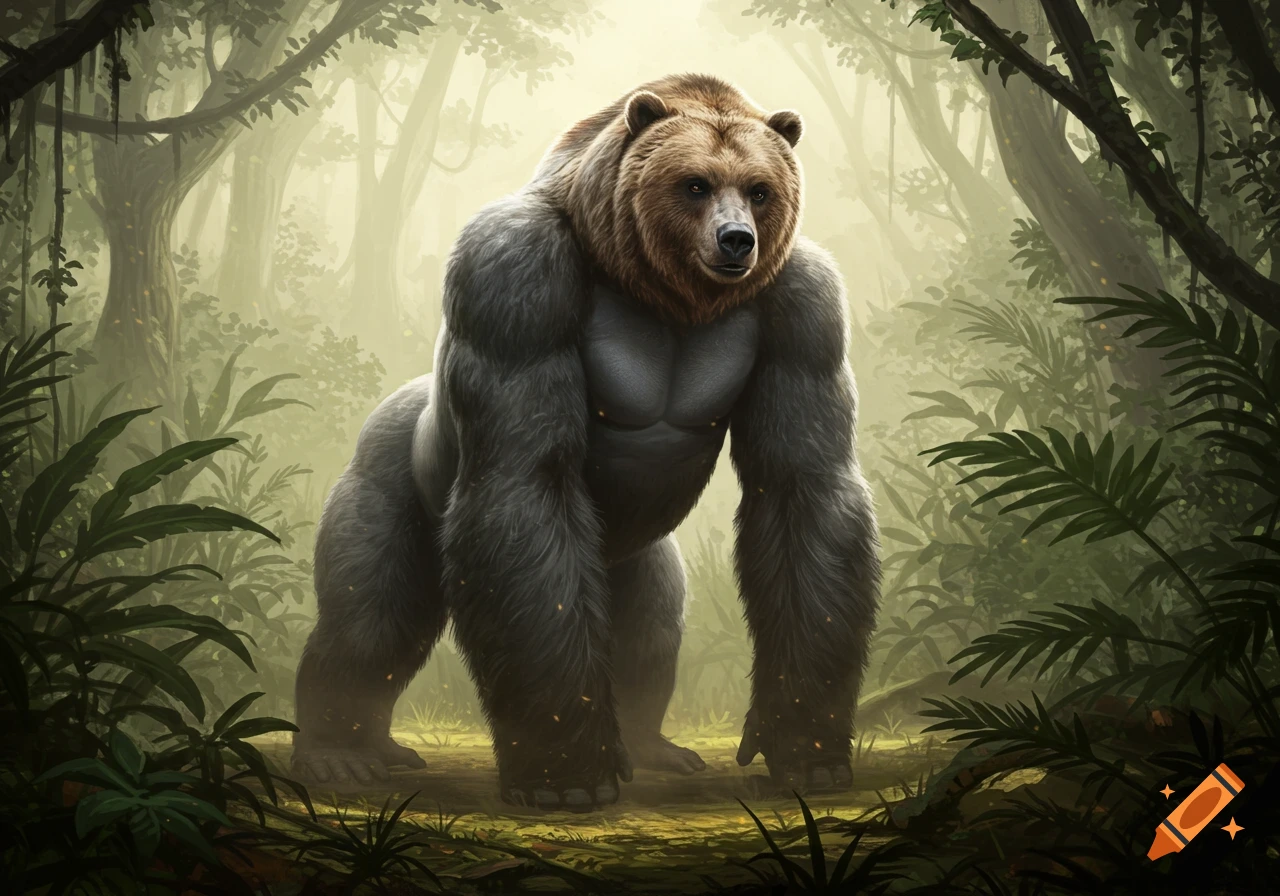 A muscular, gray silverback gorilla body with a brown grizzly bear head stands on all fours in a misty, lush green jungle.