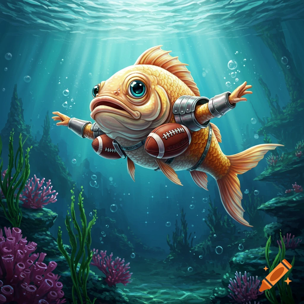 A cartoonish goldfish with a sharp jawline, human-like arms in shoulder pads, and two footballs, swims underwater among coral and seaweed.