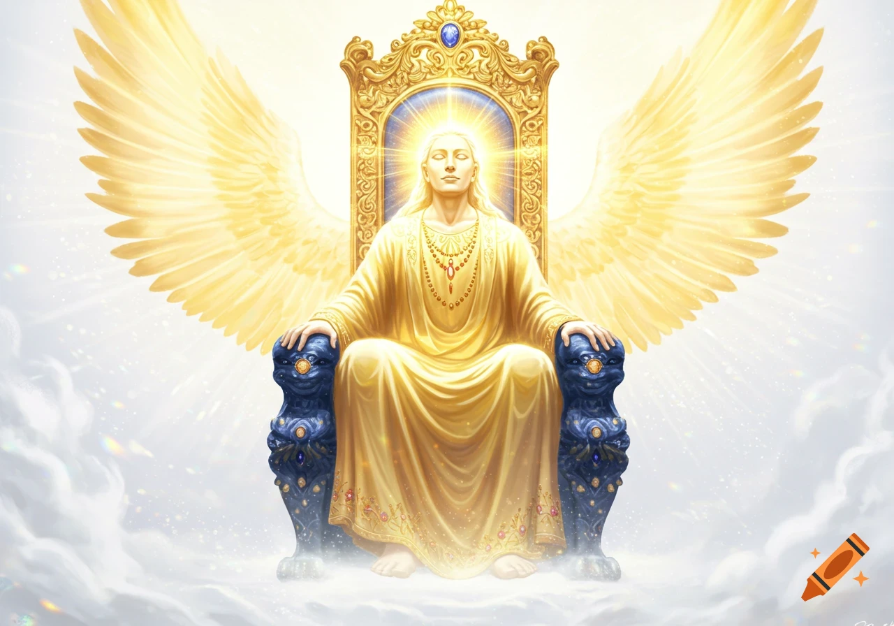 A glowing figure with golden wings sits on a jeweled golden throne amidst clouds and bright light.