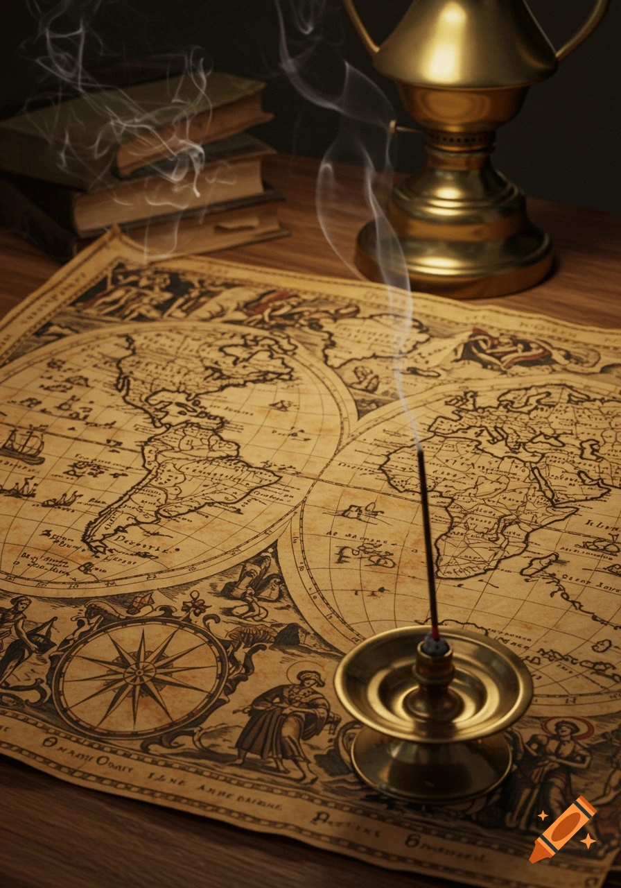 An antique world map is spread on a wooden table, with an incense stick burning in a brass holder, old books, and a lamp.