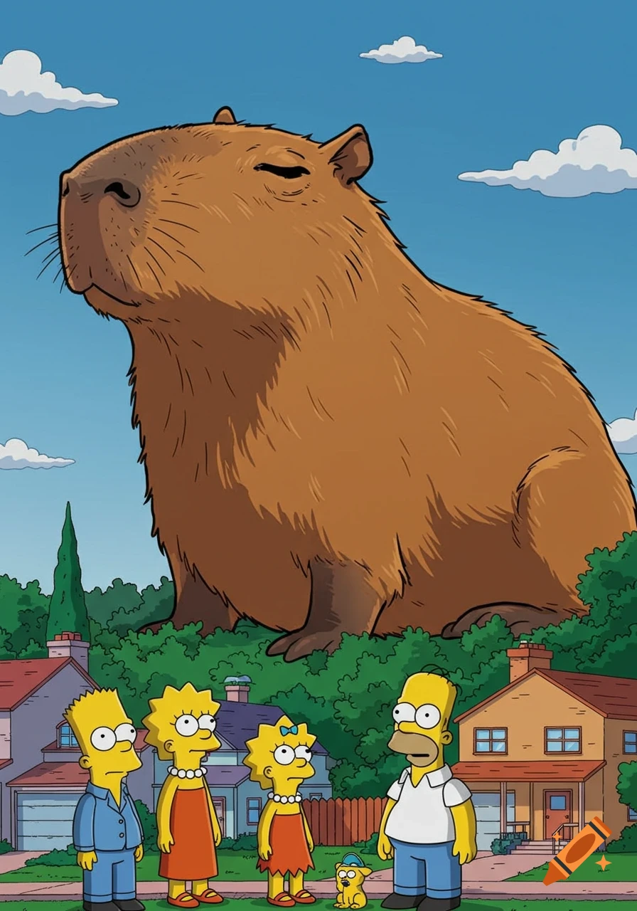 The Simpsons family stares up at a gigantic capybara looming over their house in a cartoon style.