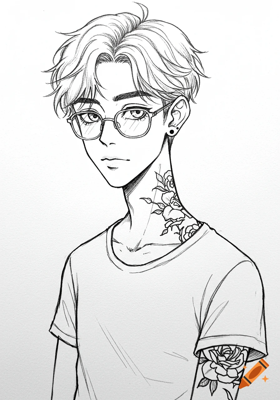 A black and white anime sketch of a young man with wavy hair, glasses, and rose tattoos on his neck and arm.