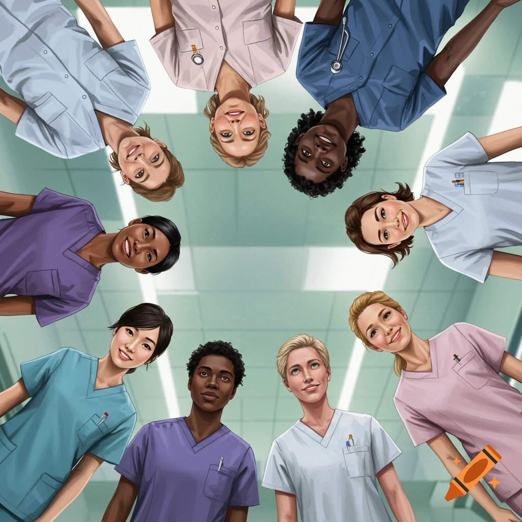 An illustration from below of eight smiling female healthcare workers in colorful scrubs looking down in a circle.