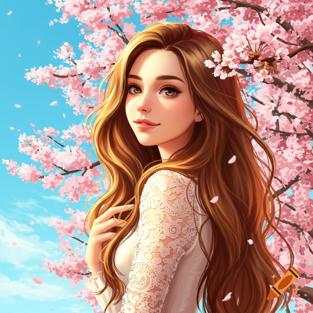 A smiling young woman with long wavy brown hair under pink cherry blossoms against a bright blue sky, digital anime art.