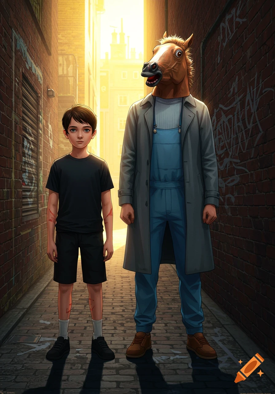 A stylized illustration of a boy with healed scars and a man in a horse mask standing in a sunlit urban alley.