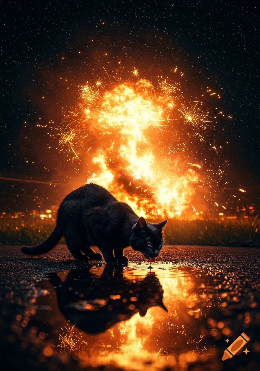 A black cat crouches to drink from a puddle on a dark, wet road, with a large, bright fiery explosion and sparks in the background.