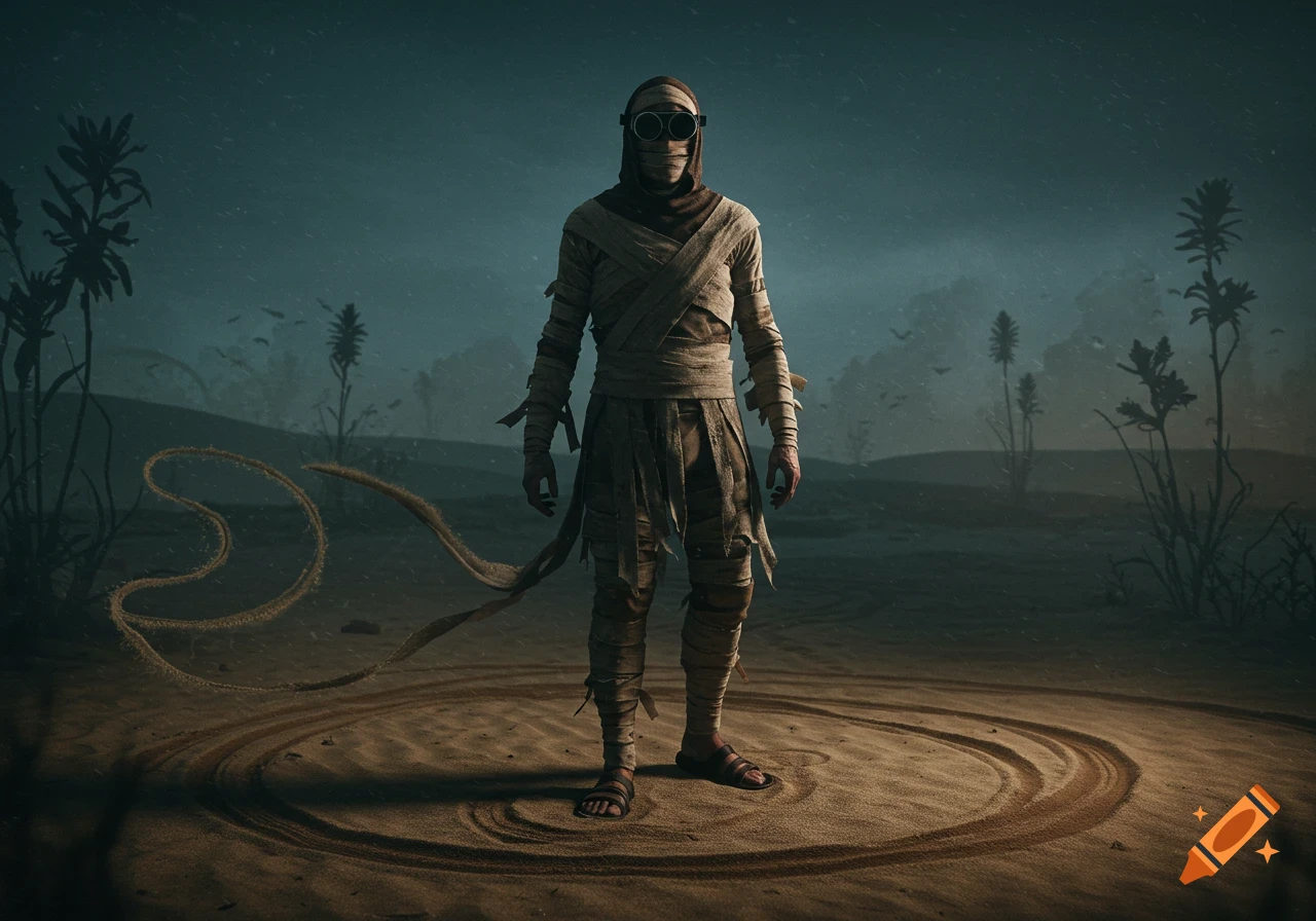 A bandaged mummy-like figure with goggles and a hood stands in a desolate desert under a dark sky, appearing photorealistic.