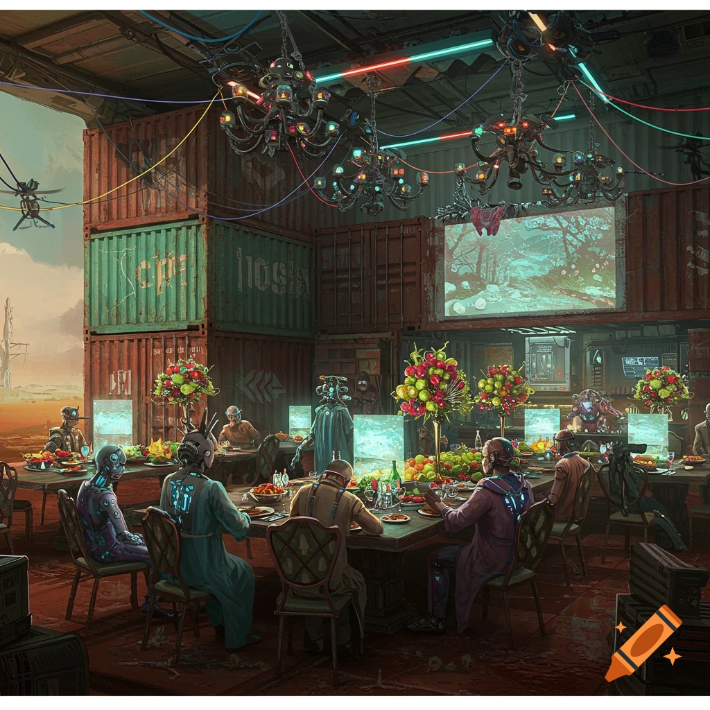 A sci-fi, post-apocalyptic feast with robotic figures dining in a grand hall made of shipping containers under neon lights.