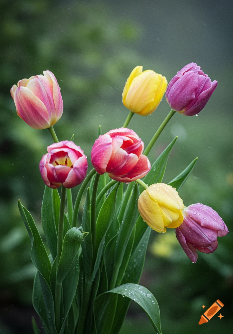 Close-up of pink, yellow, and purple tulips covered in water droplets against a blurred green background, photorealistic.