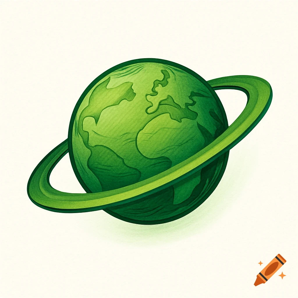A stylized green planet with prominent rings and abstract continent shapes, suitable for a logo.