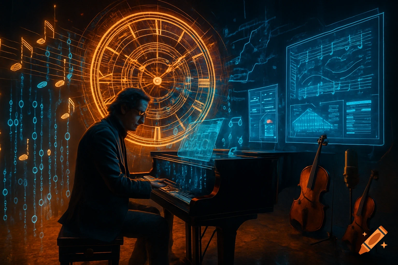 A composer plays a grand piano in a dimly lit, futuristic studio with glowing holographic musical notes, digital code, and a large light clock.