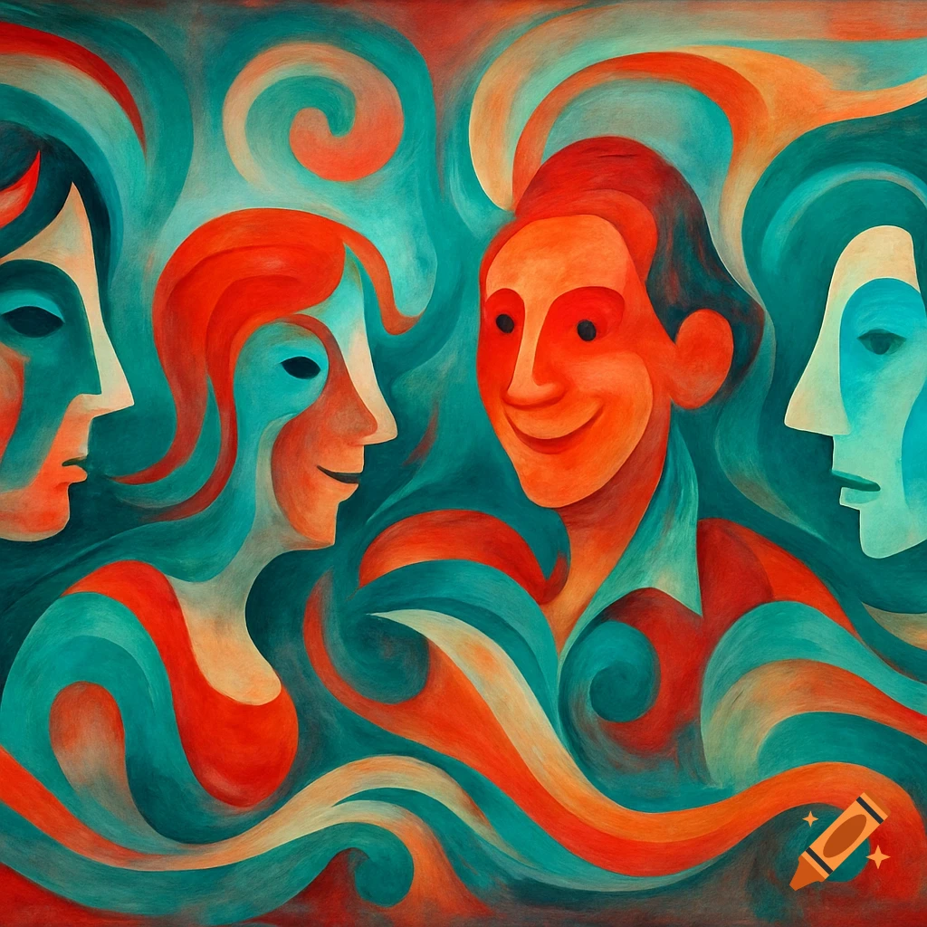 Abstract painting with four stylized faces in vibrant orange and teal, with swirling lines and shapes.
