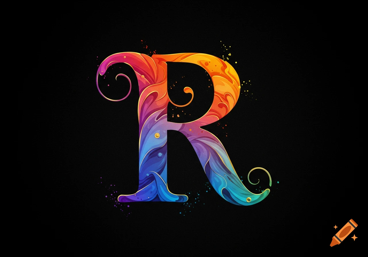 A vibrant, colorful, stylized capital letter R with swirling patterns and paint splatters against a black background.