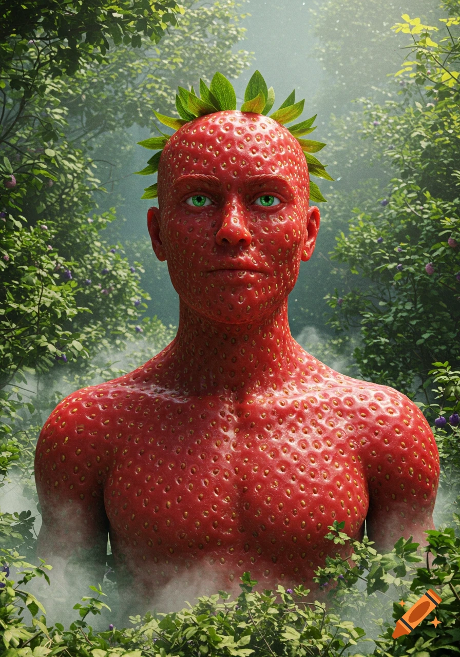 A photorealistic image of a man whose entire body is covered in red strawberry flesh with green seeds, standing in a lush green forest.