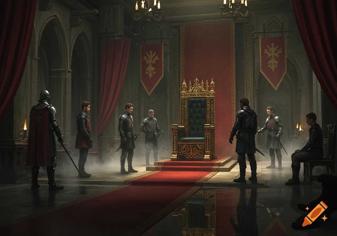 Knights stand in a grand medieval throne room with a large golden throne, red carpet, and banners.