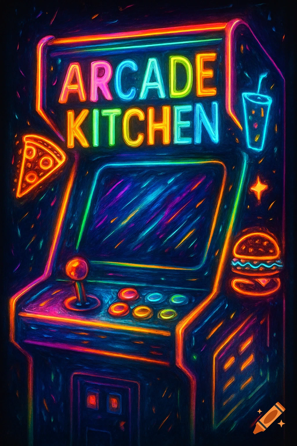 Neon-style poster of an arcade machine with 'ARCADE KITCHEN' in colorful letters, alongside glowing pizza, burger, and drink graphics.