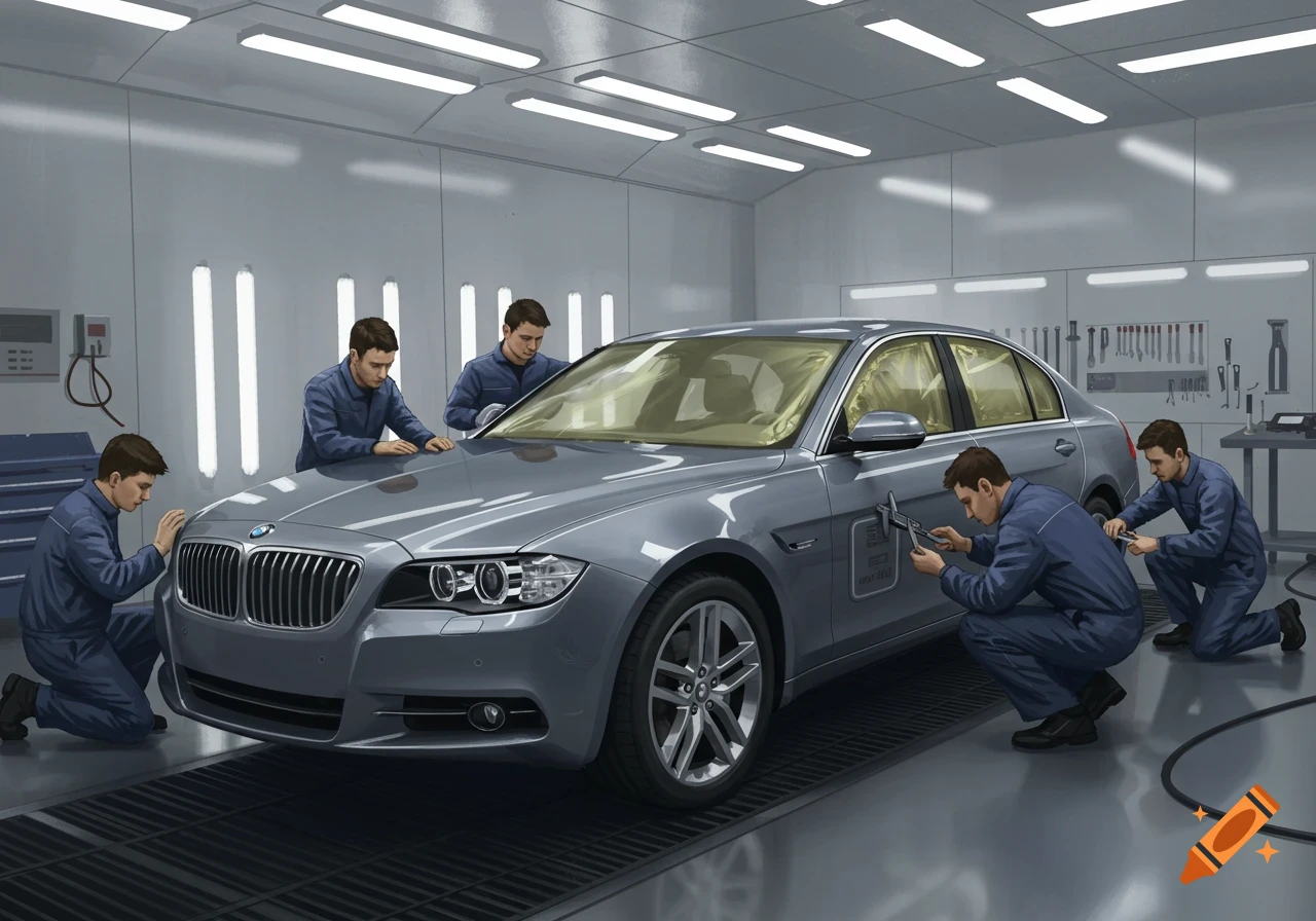 An illustration of five mechanics in blue overalls inspecting a grey sedan in a brightly lit garage for quality control.