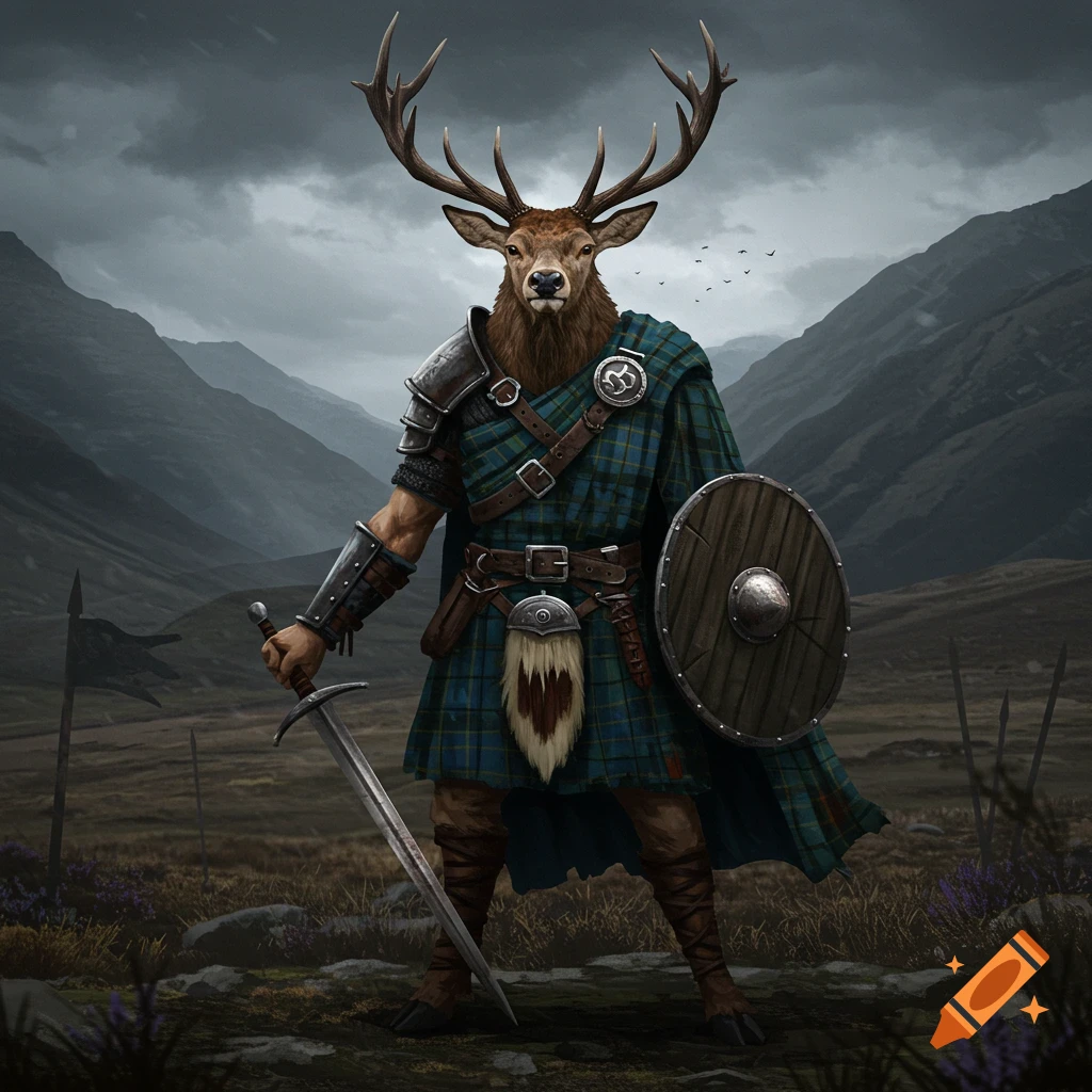 A powerful stag-headed warrior in a blue and green tartan kilt, armor, sword, and shield stands in a bleak mountain landscape.