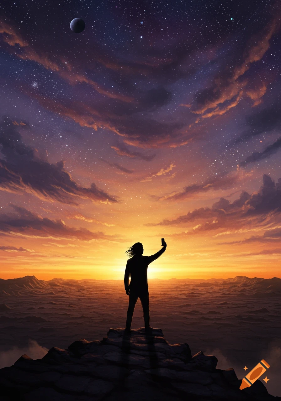 A silhouette of a person stands on a mountain peak taking a selfie against a dramatic sunset sky filled with stars and a moon.