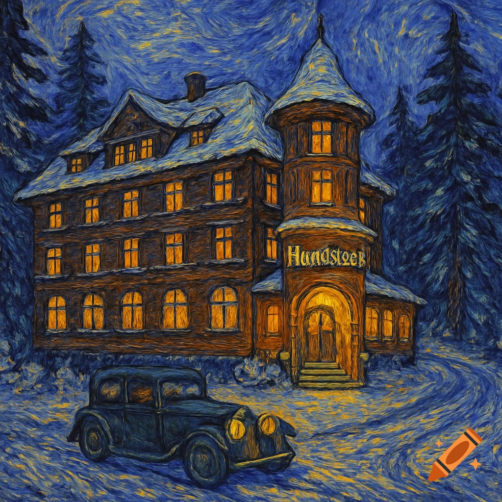 A hotel with illuminated windows and a conical tower in a snowy forest, rendered in Van Gogh style. A vintage car drives towards the entrance.