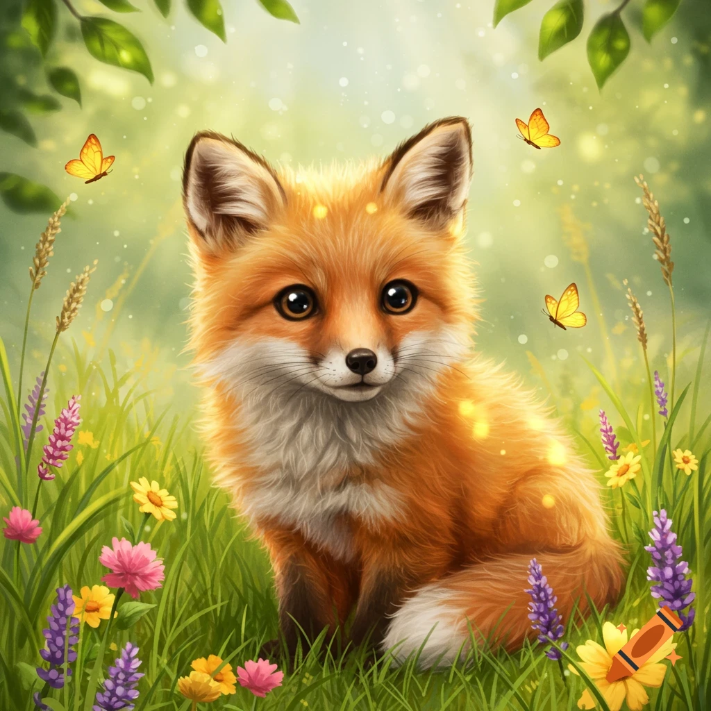 A fluffy, cute fox with large eyes sitting in a vibrant green meadow filled with colorful flowers and butterflies, with dappled sunlight.