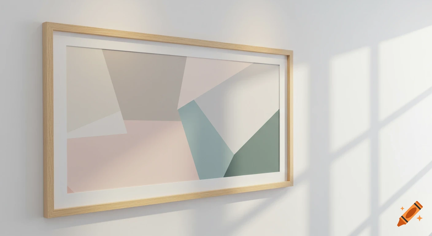 Abstract art print in a light wood frame on a white wall. Geometric shapes in pastels, greens, and grays. Window shadows visible.