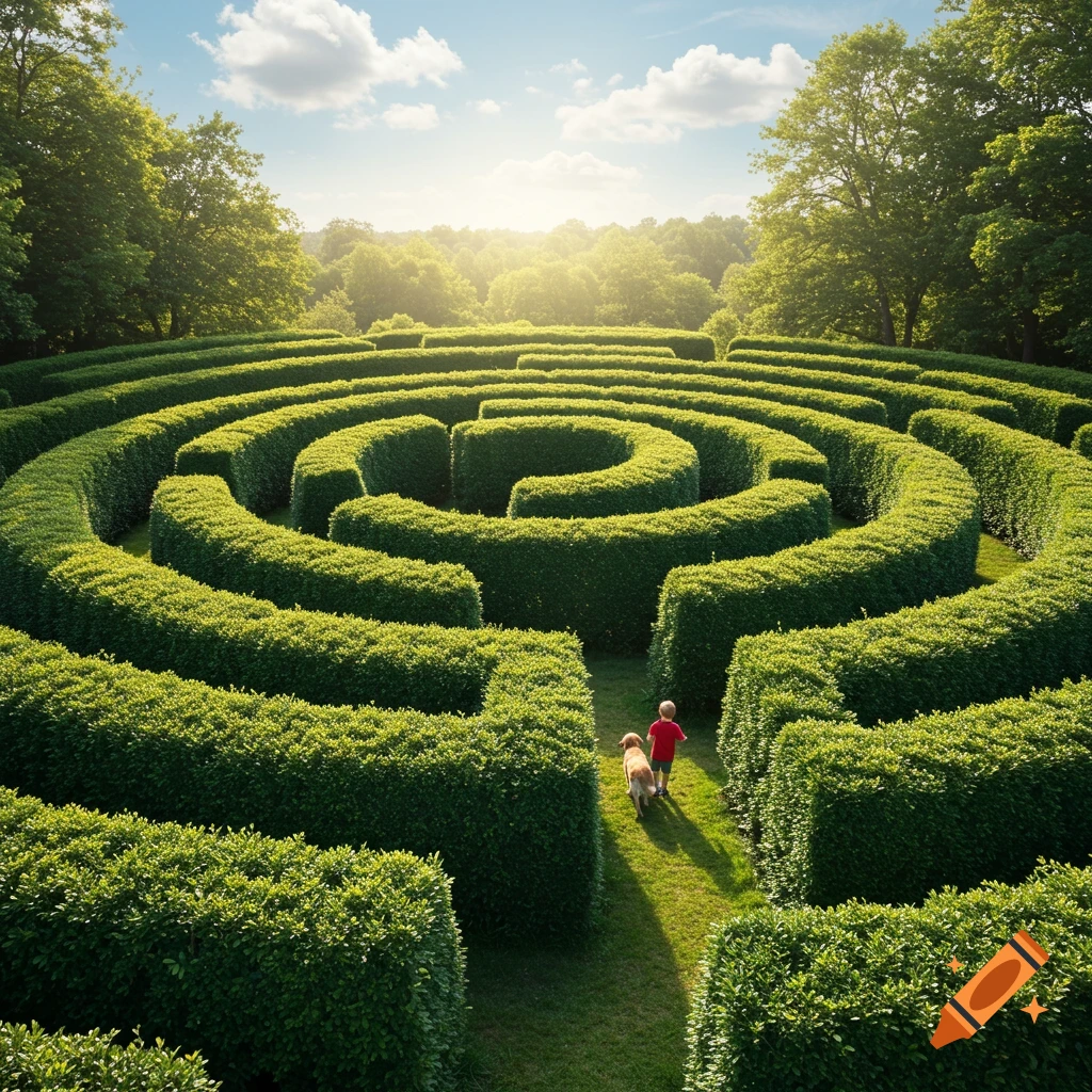 A child in a red shirt walks with a golden retriever through a vast green hedge maze under a bright, sunny sky.