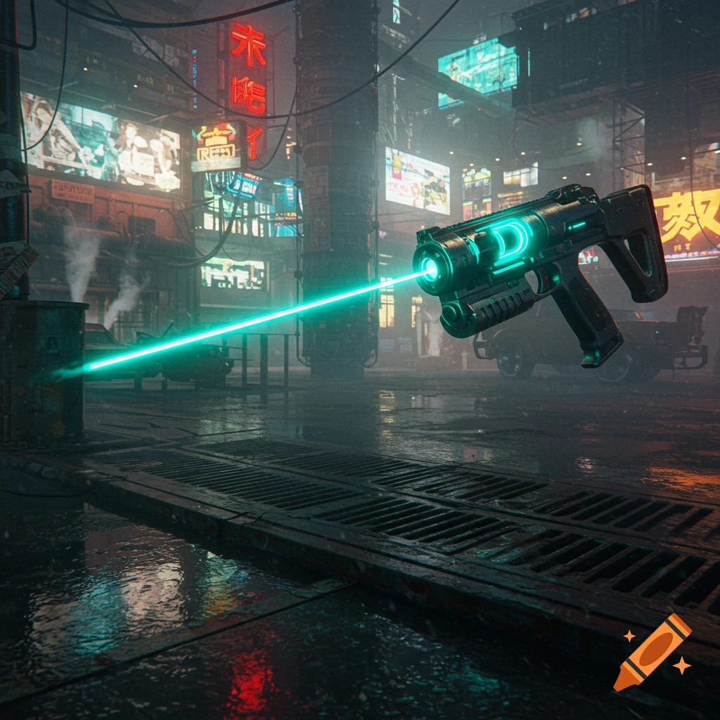 A futuristic laser gun hovers in a rainy cyberpunk city street, firing a bright green laser beam. Neon signs illuminate the wet ground.