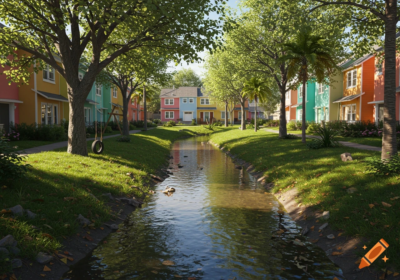 A photorealistic image of a stream flowing through a vibrant neighborhood with colorful townhomes, lush trees, and a tire swing.