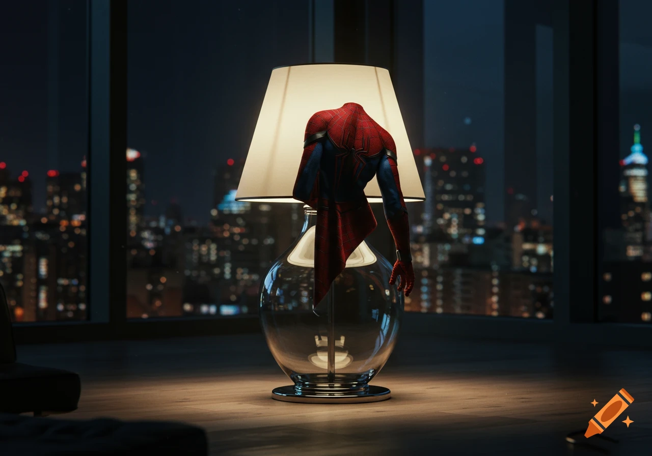 A Spider-Man suit is draped over a modern glass table lamp in a dark, high-rise apartment overlooking a city at night.