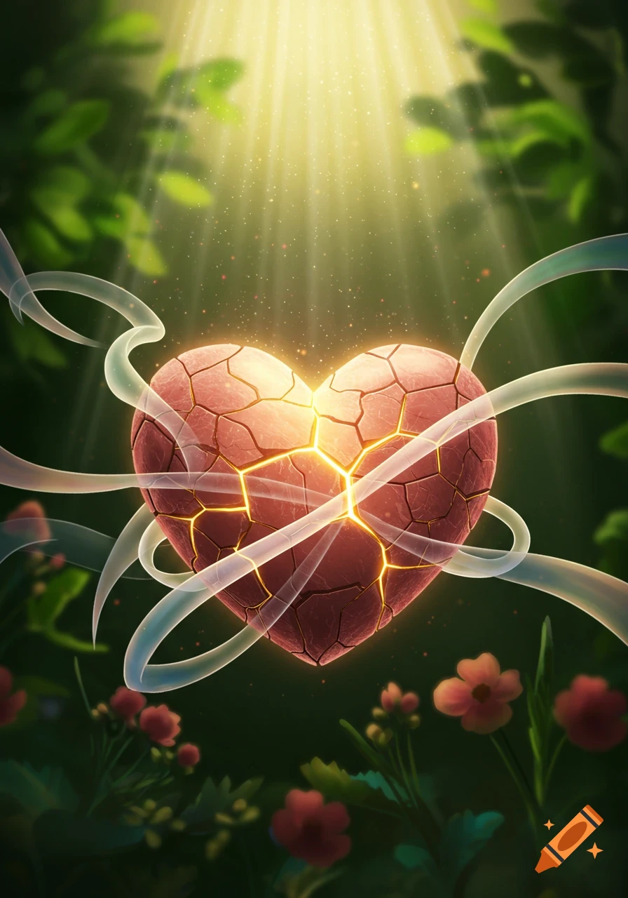A glowing, cracked heart, wrapped in translucent ribbons, floats in a lush green forest with rays of sunlight.