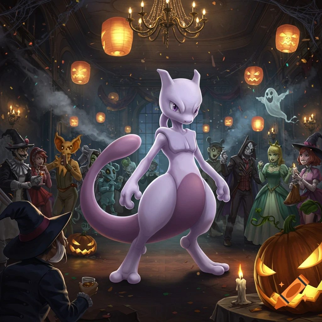 Mewtwo stands prominently at a spooky Halloween party in a grand, dimly lit mansion, surrounded by costumed guests and jack-o'-lanterns.