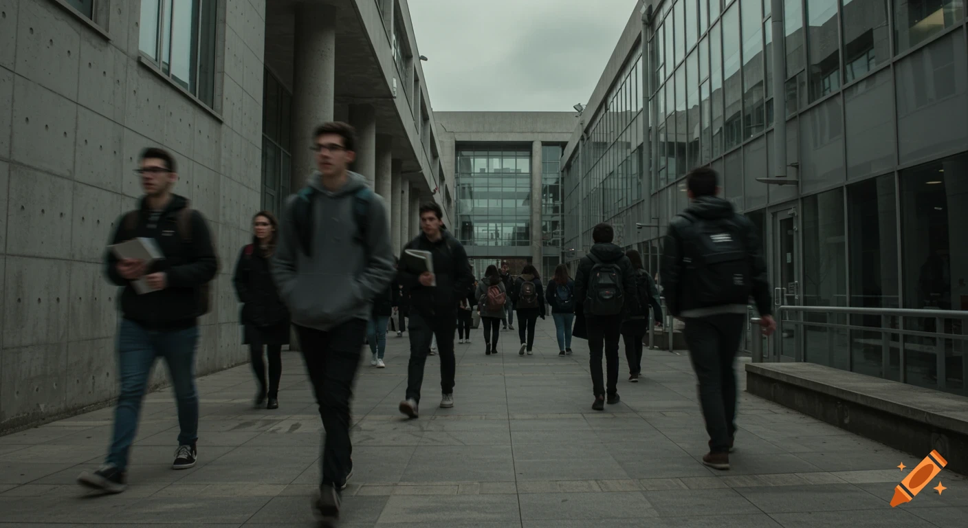 Photorealistic wide-angle shot of university students walking through a modern campus walkway with concrete and glass buildings on an overcast day.