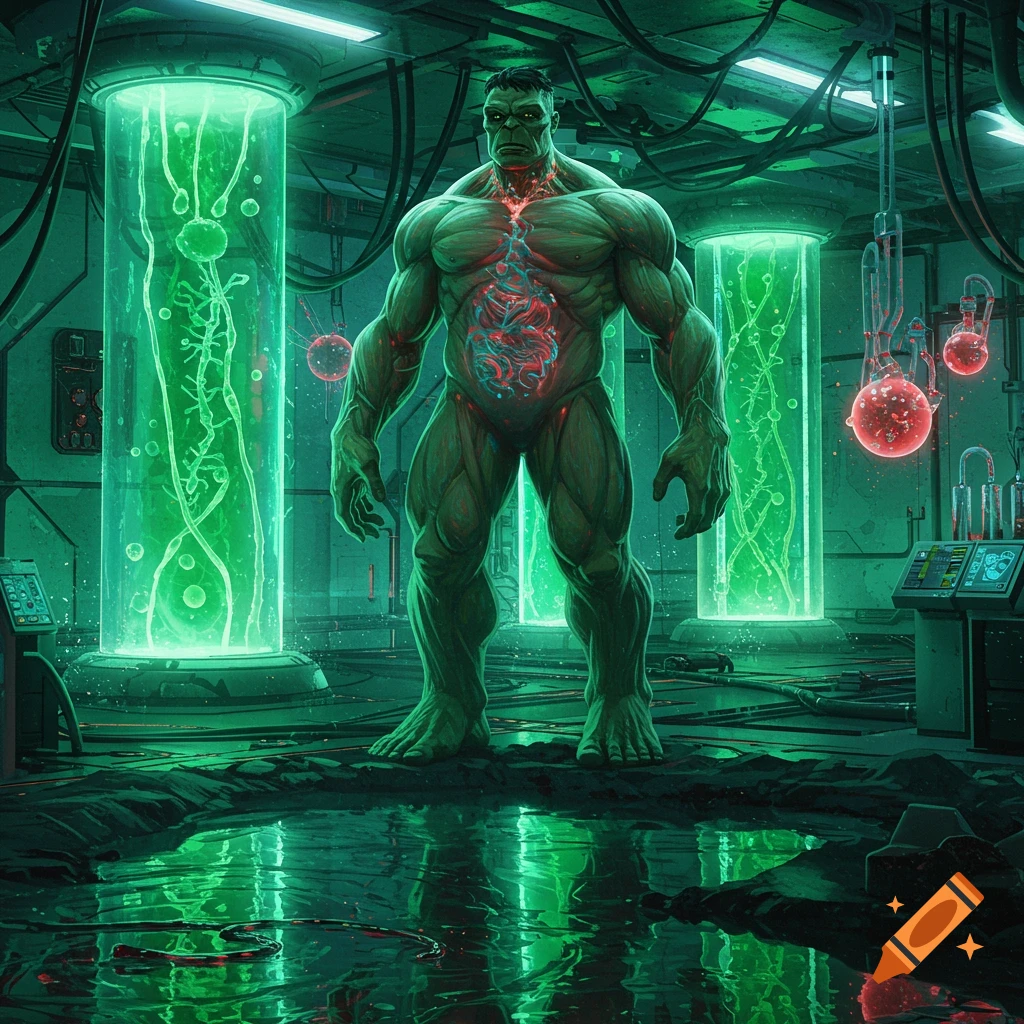 A muscular, green, Hulk-like figure with glowing red internal organs visible on its chest and abdomen stands in a neon green sci-fi laboratory filled with glowing tubes and wires, reflecting in a pool of liquid on the floor.