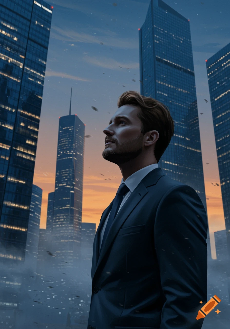 A man in a dark suit looks up at towering skyscrapers during dusk in a city.