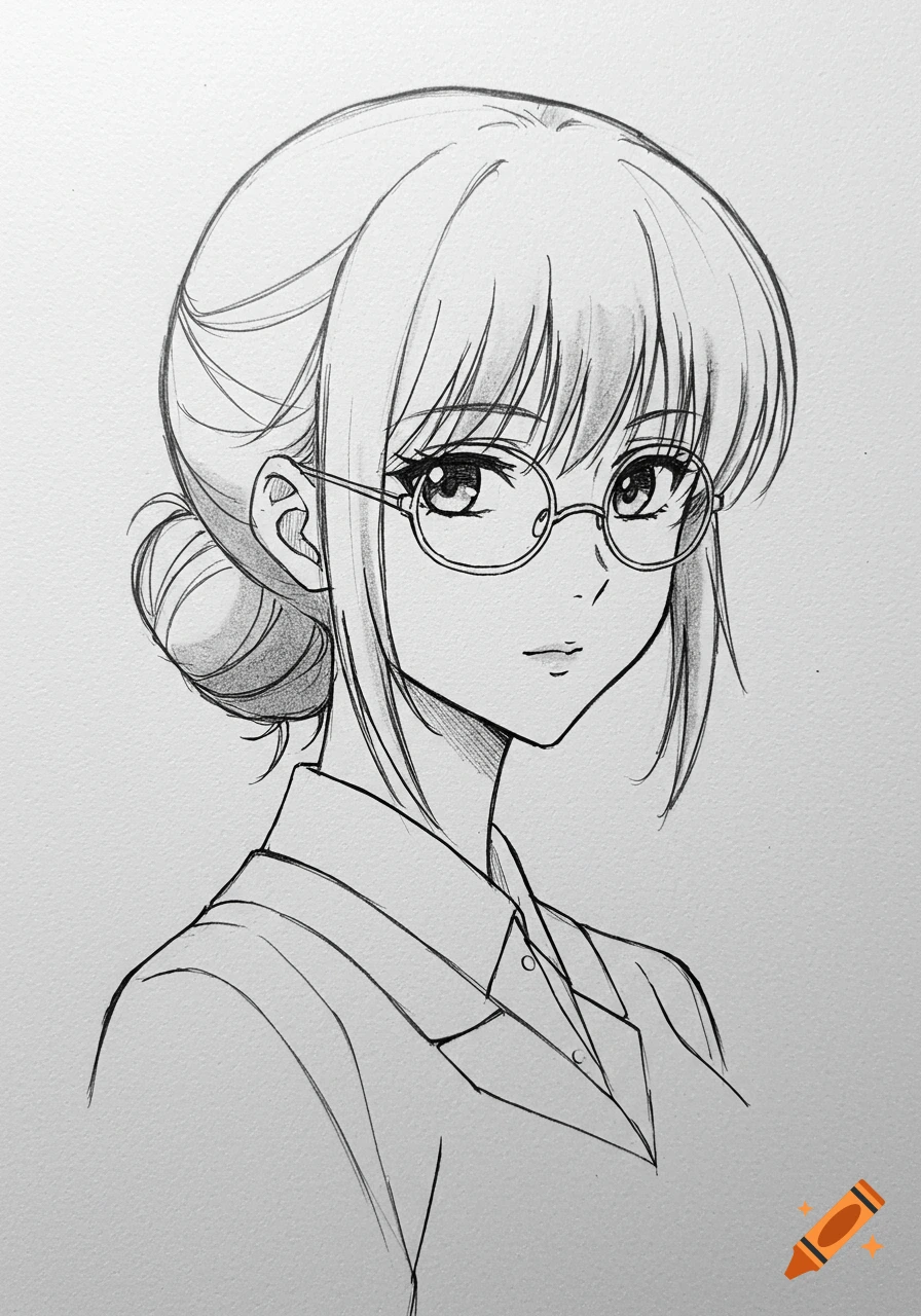 Black and white anime sketch of a girl with a bun and round glasses looking forward.
